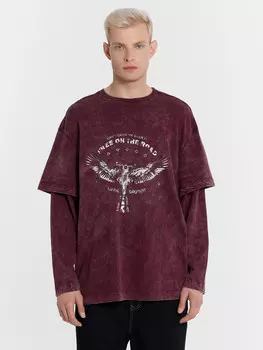 Лонгслив мужской бордовый с обработкой эйсид и принтом