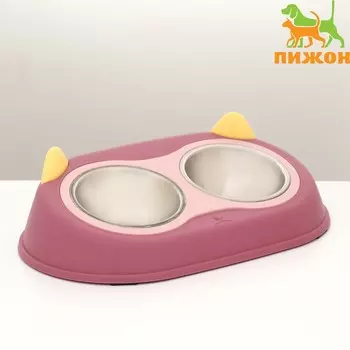 Миска металлическая двойная на пластиковом основании 2 х 160 мл, 34 х 28 х 5 см, бордовая