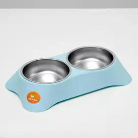 Миска металлическая двойная на устойчивом пластиковом основании, 34 х 20 х 6,5 см, голубая