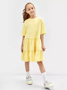 Многоярусное платье силуэта оверсайз для девочек светло-желтое