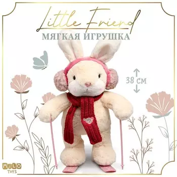 Мягкая игрушка little friend, зайка на лыжах, красный шарф, 38 см