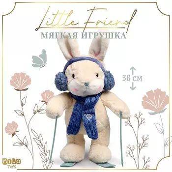 Мягкая игрушка little friend, зайчонок на лыжах, синий шарф, 38 см