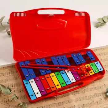 Металлофон музыкальный инструмент music life, 25 тонов, футляр, 2 палочки, красный