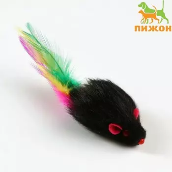 Мышь меховая однотонная с перьями 6,5 см, черная