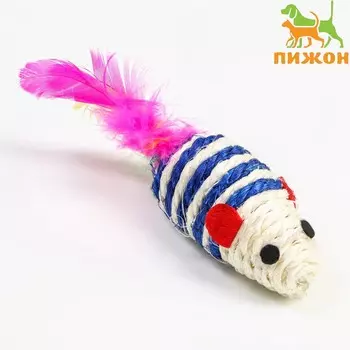 Мышь-погремушка сизалевая, 7 см, синяя/белая