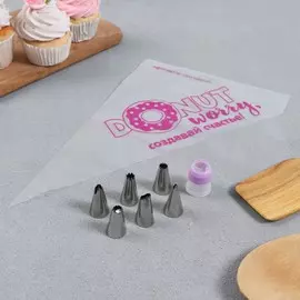 Набор donut worry, мешок кондитерский 6 шт, 30х19.6 см, адаптер, насадки 6 шт