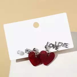 Серьги qf love, набор 3 пары, сердечки, красные, серебро