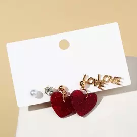 Серьги набор 3 пары love сердечки, цвет бело-красный в золоте