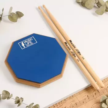 Набор барабанщика music life: пэд тренировочный, d-8 дюймов + барабанные палочки, синий