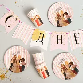 Набор бумажной посуды одноразовый с днем рождения, красотка», 6 тарелок, 6 стаканов, 1 гирлянда