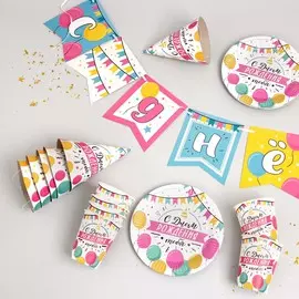 Набор бумажной посуды одноразовый с днем рождения. шары с гирляндой»: 6 тарелок, 1 гирлянда, 6 стаканов, 6 колпаков