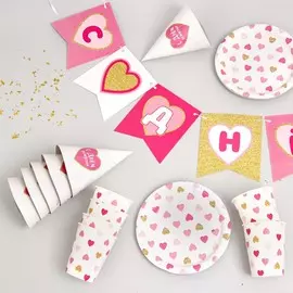 Набор бумажной посуды одноразовый с днем рождения, сердечки», 6 тарелок , 1 гирлянда , 6 стаканов, 6 колпаков
