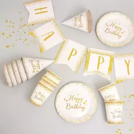 Посуда одноразовая бумажная для праздника happy birthday, 6 тарелок, 6 стаканов, 6 колпаков, гирлянда