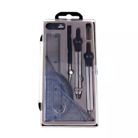 Набор чертежный 9 предметов (2 циркуля - 130 мм, грифель, точилка, рейсфедер, линейка, транспортир, 2 угольника), в пластиковом пенале