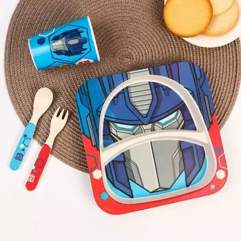 Набор детской бамбуковой посуды, 4 предмета: тарелка, вилка, ложка,стакан, трансформеры