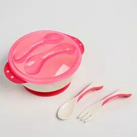 Набор детской посуды: тарелка, ложка, вилка, цвет розовый