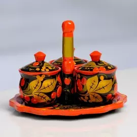 Набор для специй, 5,5х6,5 см,с подносом 15 см, хохлома