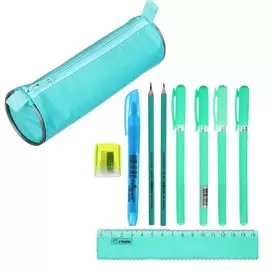 Набор канцелярский 10 предметов (пенал-тубус 65 х 210 мм, ручки 4 штуки цвет синий , линейка 15 см, точилка, карандаш 2 штуки, текстовыделитель), бирюзовый