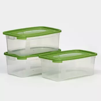 Набор контейнеров пищевых доляна, 3 шт: 1 л, 18,5127 см, прямоугольные, прозрачные, крышка зеленая