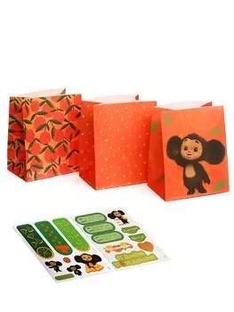 Пакет подарочный крафтовый со стикерамии, чебурашка, 3 шт., 182212 см