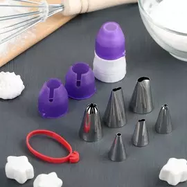 Набор кондитерский доляна, 10 предметов: насадки 6 шт., адаптер с колпачком, 2 переходника, зажим для мешка