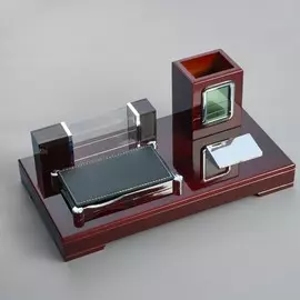 Набор настольный канцелярский 4 в 1 с часами, красное дерево