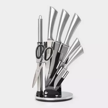 Набор ножей кухонных на подставке доляна ardone, 7 предметов: 5 ножей, мусат и ножницы, хромированный