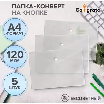 Набор папок-конвертов на кнопке 5 штук, а4, 120 мкм, calligrata, прозрачные, белые
