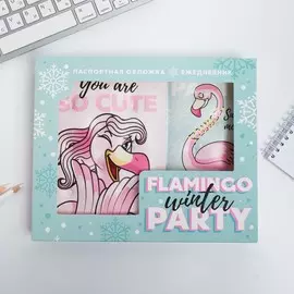 Подарочный набор новогодний, обложка на паспорт, и ежедневник антистресс, flamingo winter party