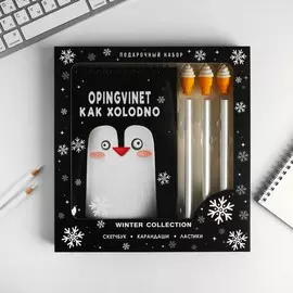 Набор скетчбук, фигурный ластик, карандаши winter penguin