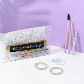 Подарочный набор let's makeup, щеточка и кисть для бровей, пинцет, резинки для волос 2 шт, открытка, beauty fox