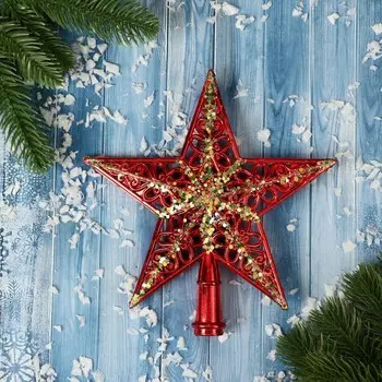 Звезда на елку (верхушка), узор полосы блеск, 1919 см, золотисто-красный