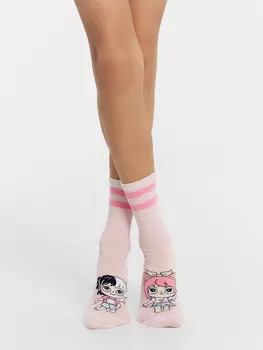 Носки детские розовые с рисунком в виде кукол
