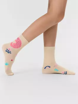 Носки детские бежевые с узором в виде котиков и цветочков