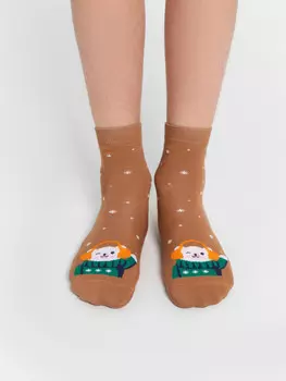 Носки детские коричневые с новогодним дизайном