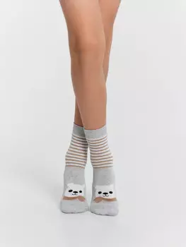 Носки детские серые с полосками и медвежонком