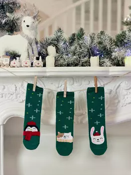 Носки детские зеленые с новогодними узорами в наборе, 3 пары