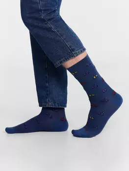Носки мужские длинные синие с узором в виде мотоциклов