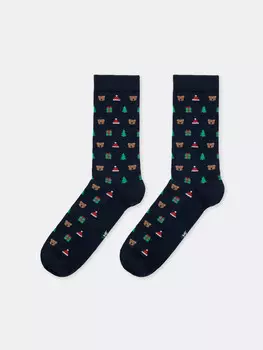 Носки унисекс темно-синие c рисунками в виде мишки, шапочки санты и новогодних подарков