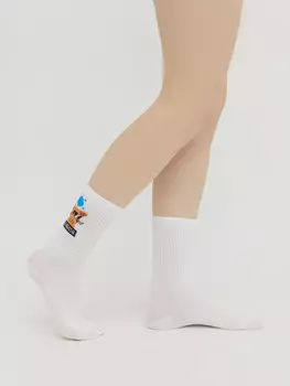 Носки женские белые с рисунком в виде котика с надписью