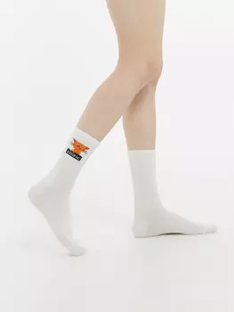 Носки женские белые с рисунком в виде котика и надписи