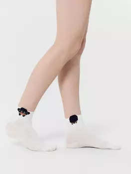 Носки женские белые с рисунком в виде собачки с элементами пикота на бортике