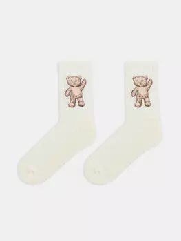 Носки женские бежевые с плюшевым следом и рисунком в виде медвежат