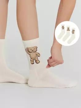 Носки женские кремовые с изображением медвежат в наборе, 3 пары