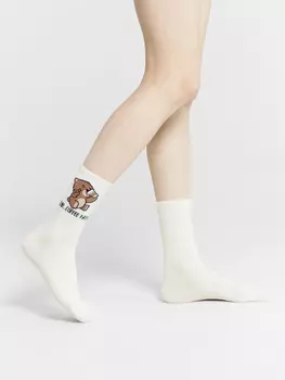 Носки женские молочно-белые с рисунком в виде медвежонка