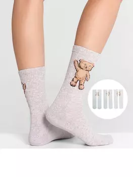 Носки женские серые с мишками в наборе, 3 пары