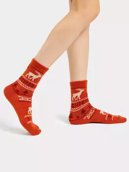 Носки женские в оранжевом оттенке с новогодним дизайном