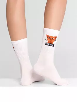 Носки женские высокие белые с узором в виде котика и надписью