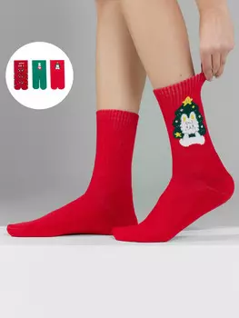 Носки женские высокие с новогодним дизайном в наборе, 3 пары