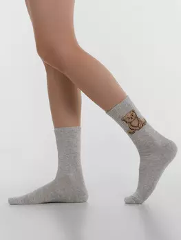 Носки женские высокие серые с узором в виде медведя